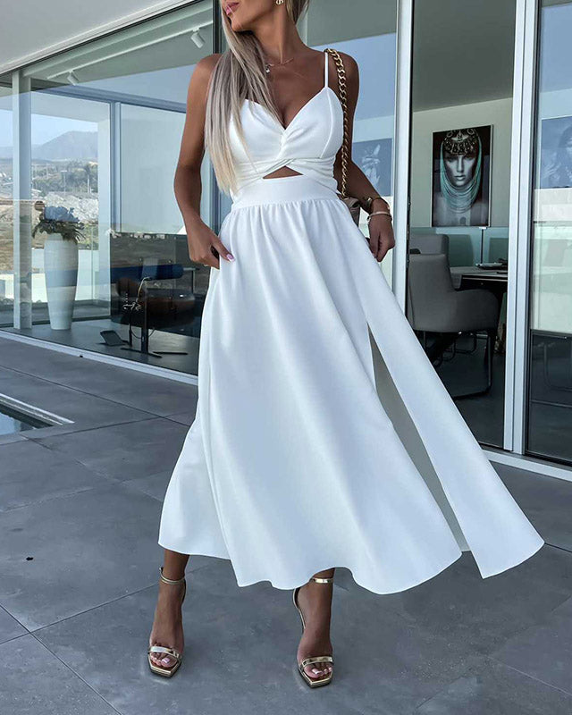 SPLIT HEM HOLLOW WAIST SOLID COLOR SHIFT DRESS