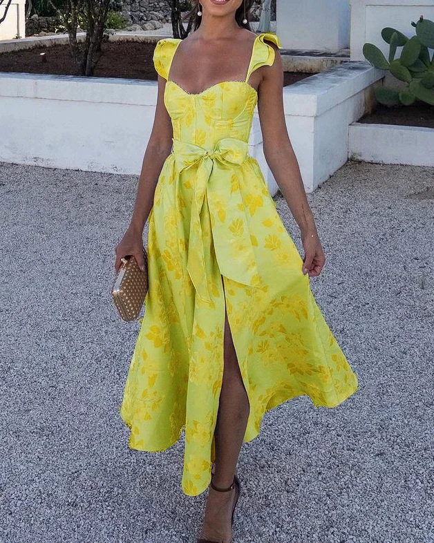 Printed Bow Waist Dress with Butterfly Sleeves