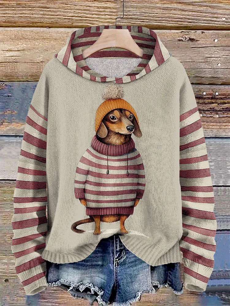 Women's Dachshund Dog in Clothes Splice Striped Print Hoodie