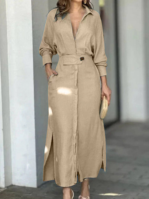Sheyla - Fashionable plain linen and cotton V-neck dress 