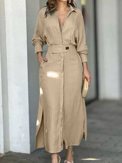 Sheyla - Fashionable plain linen and cotton V-neck dress 