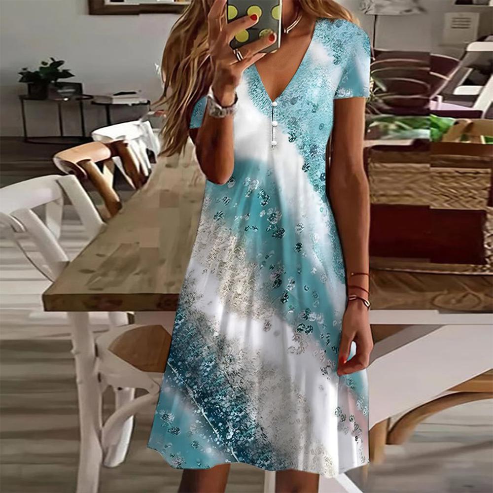 Blue short-sleeved mini dress with print