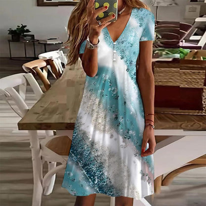 Blue short-sleeved mini dress with print