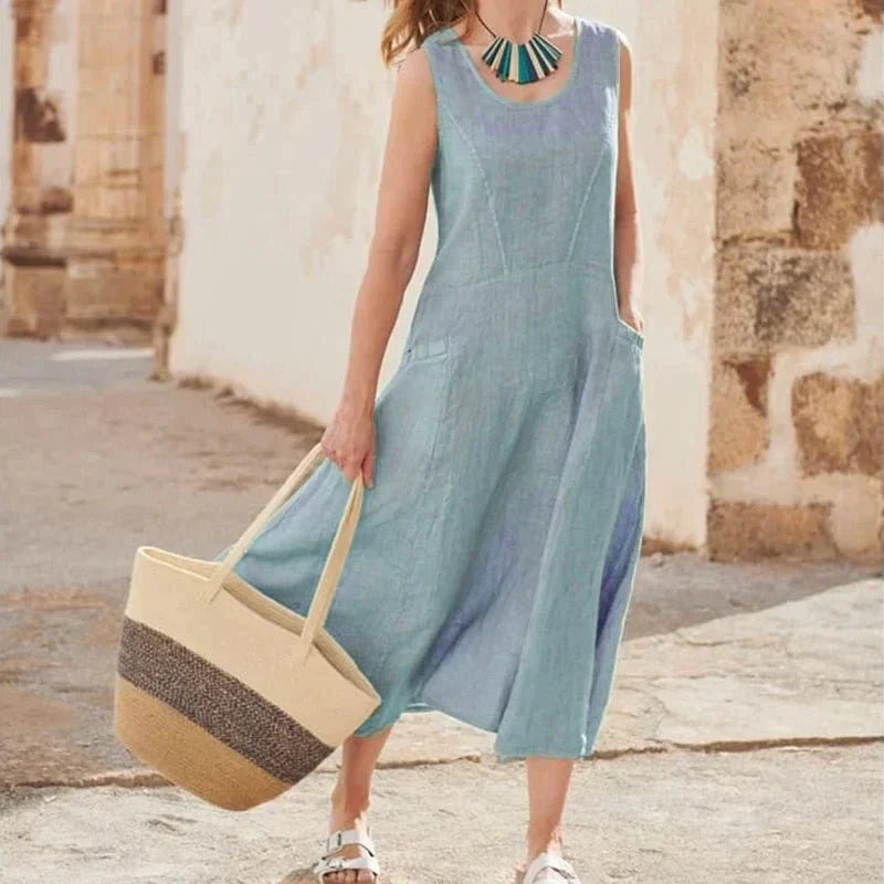 Lola - Sleeveless cotton and linen dress for women