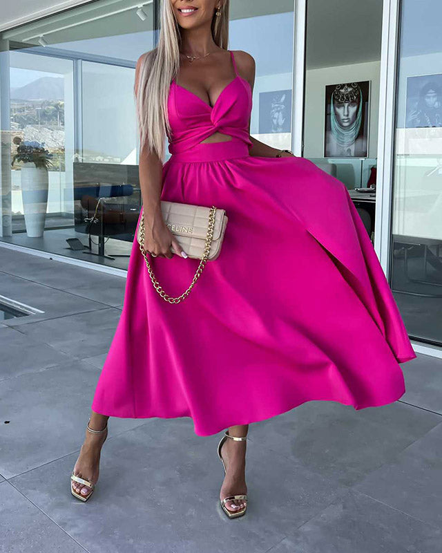 SPLIT HEM HOLLOW WAIST SOLID COLOR SHIFT DRESS