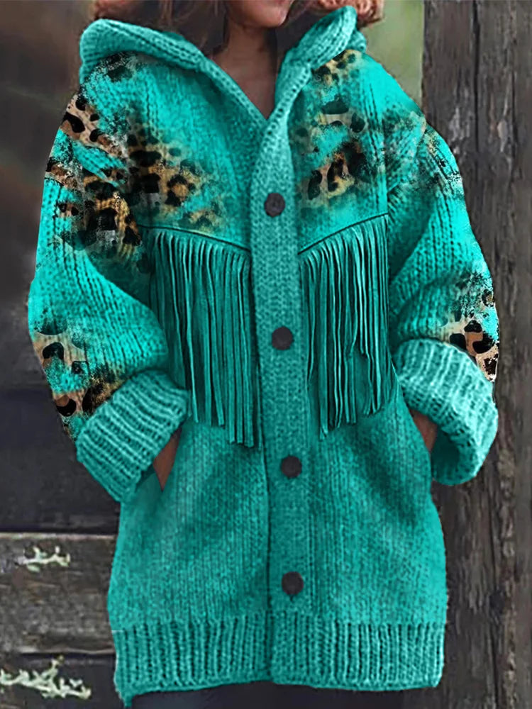Leopard cowhide hooded cardigan with turquoise fringes