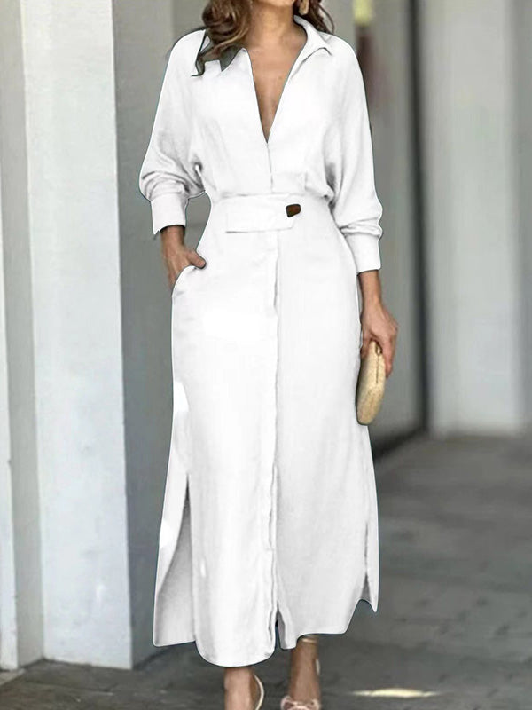 Sheyla - Fashionable plain linen and cotton V-neck dress 