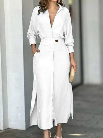 Sheyla - Fashionable plain linen and cotton V-neck dress 