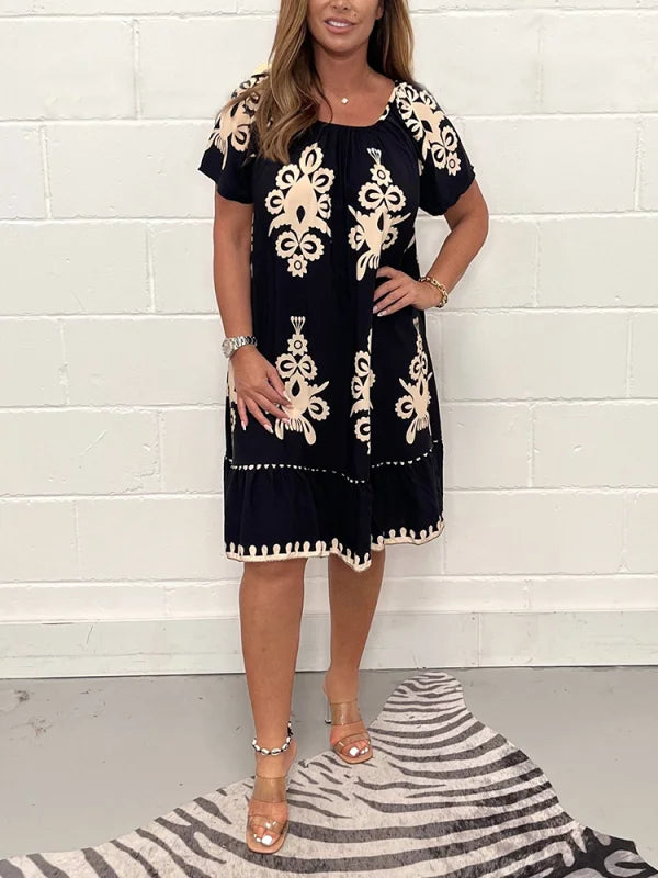 Square neckline dress with geometric print and multi-print