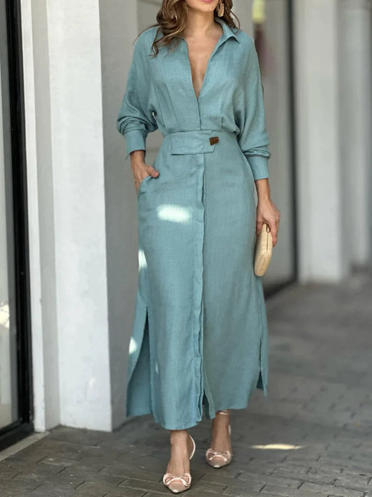 Sheyla - Fashionable plain linen and cotton V-neck dress 