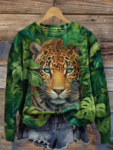 Tiger Art Print Hoodie for Women Round Neck