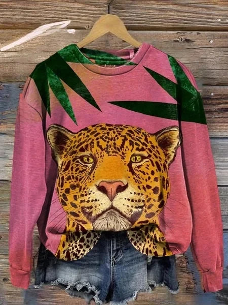 Women's long sleeve round neck sweatshirt with tiger texture