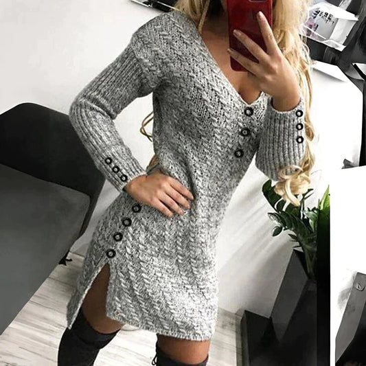 Veronica - Mini Chic Solid V-Neck Sweater Dress