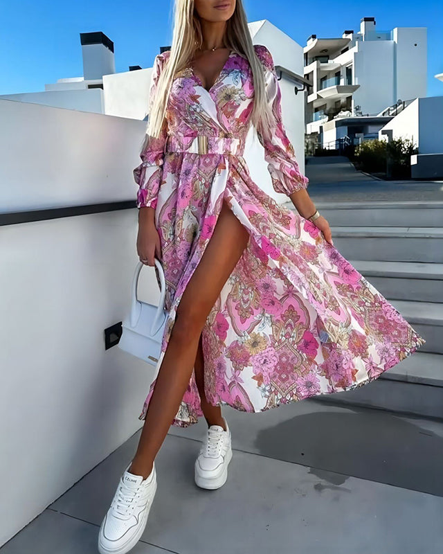 Long-sleeve midi dress with floral paisley patterns for spring