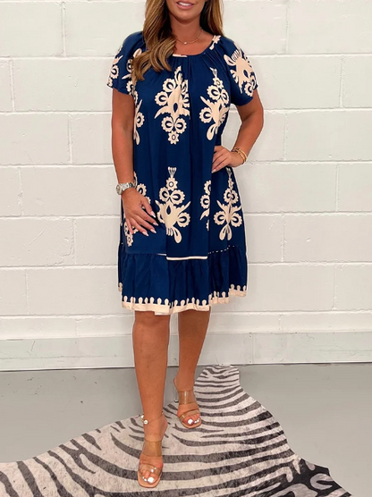 Square neckline dress with geometric print and multi-print
