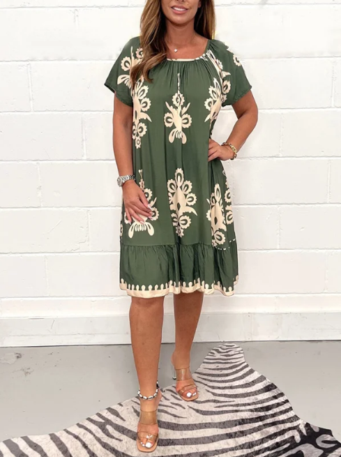Square neckline dress with geometric print and multi-print
