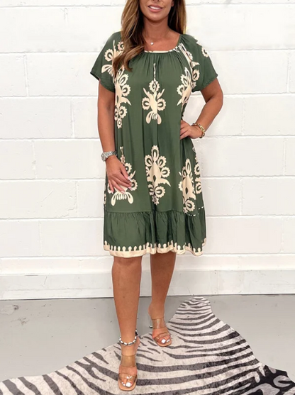 Square neckline dress with geometric print and multi-print