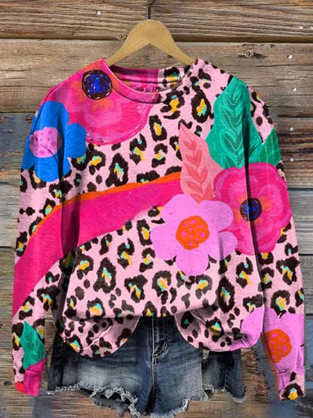 Long sleeve round neck sweatshirt with pink leopard and flower art print