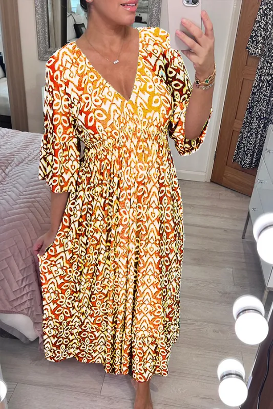 V-Neck Casual Bohemian Print Waist Wrap Long Dress