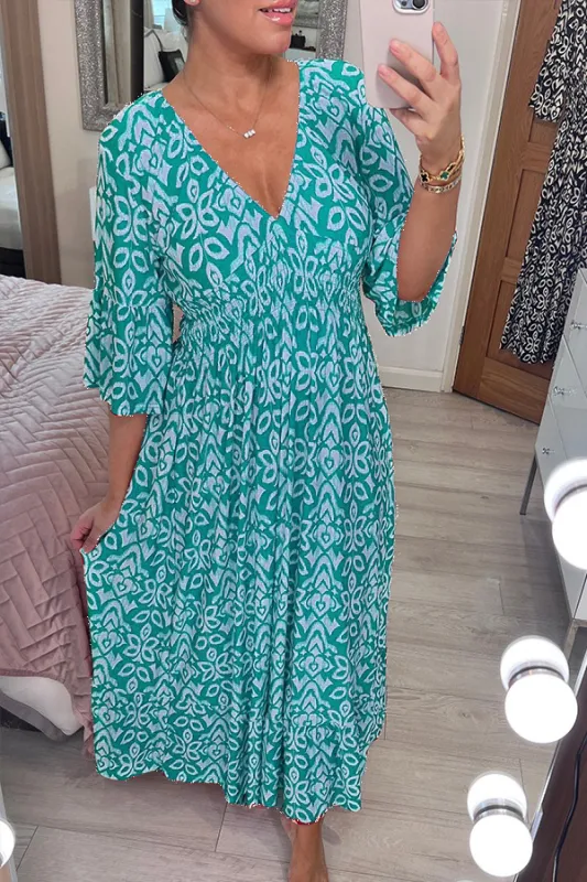 V-Neck Casual Bohemian Print Waist Wrap Long Dress
