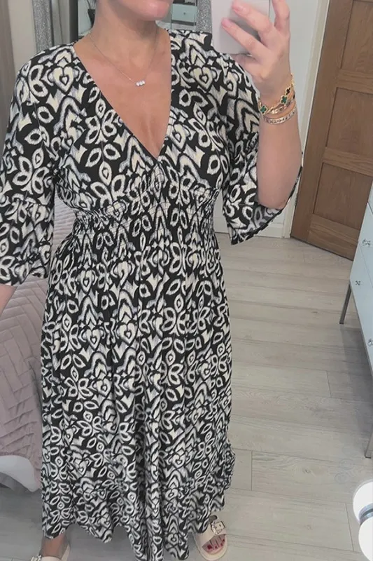 V-Neck Casual Bohemian Print Waist Wrap Long Dress