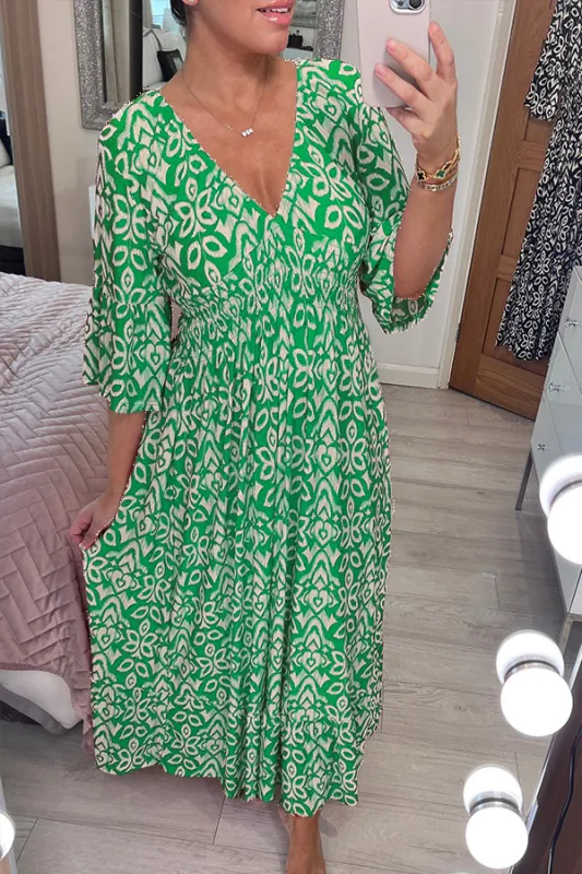 V-Neck Casual Bohemian Print Waist Wrap Long Dress