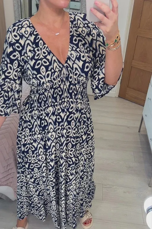 V-Neck Casual Bohemian Print Waist Wrap Long Dress