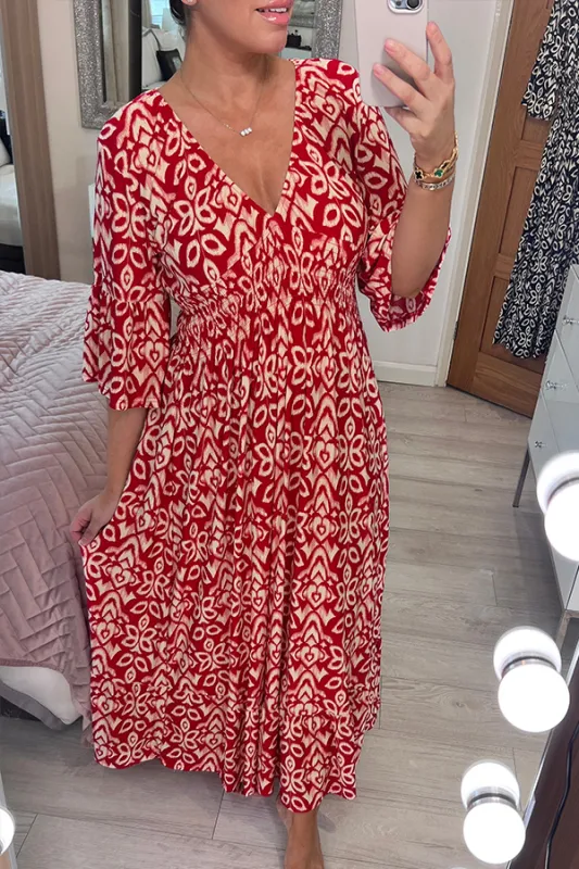 V-Neck Casual Bohemian Print Waist Wrap Long Dress