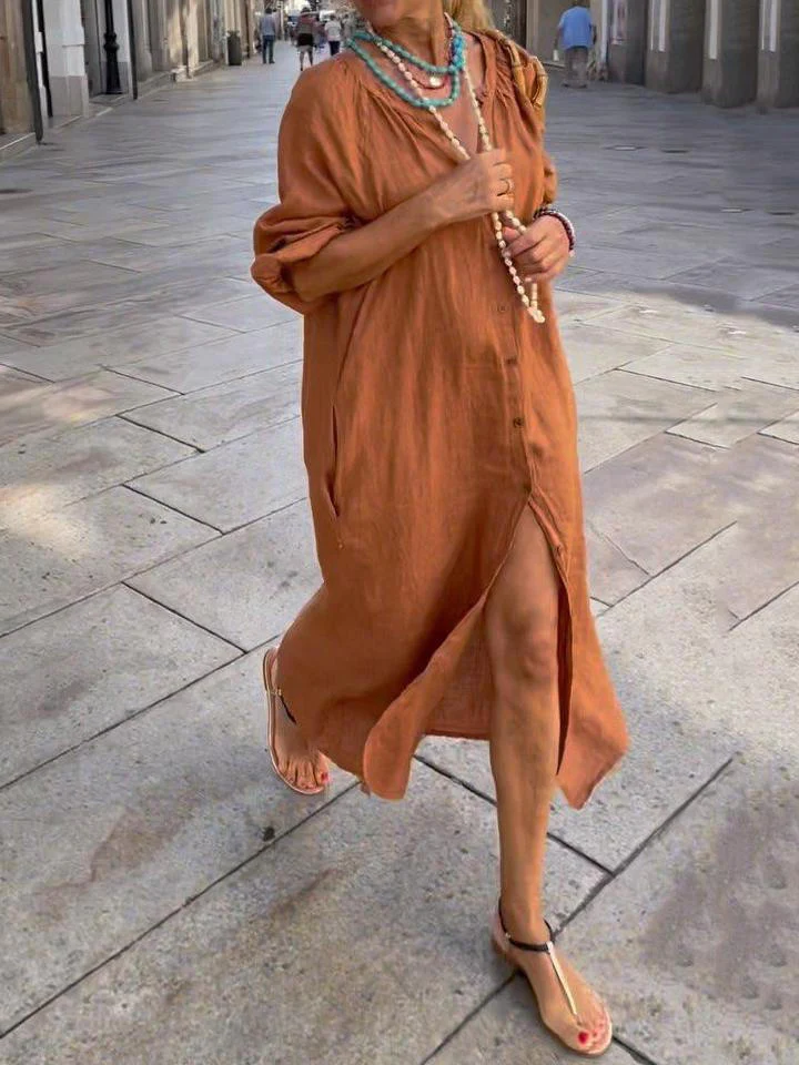 Solid cotton, linen and button dress