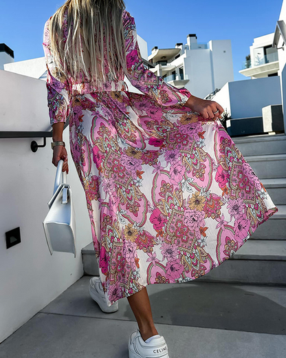 Long-sleeve midi dress with floral paisley patterns for spring