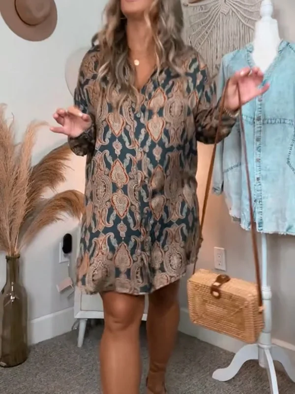 Casual Long Sleeve Printed Shirt Dress