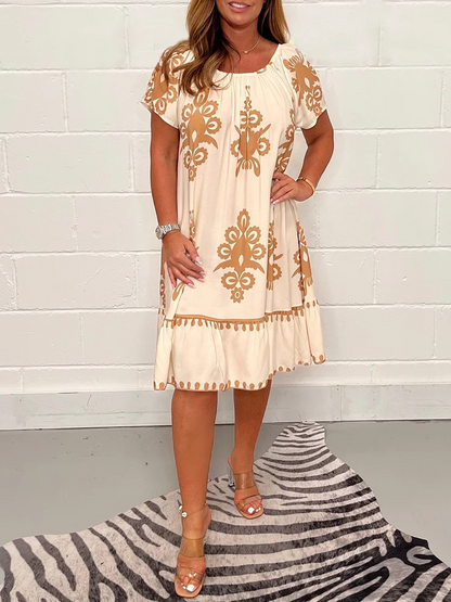 Square neckline dress with geometric print and multi-print