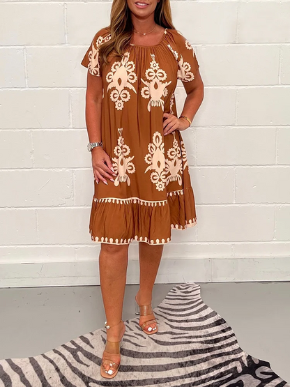 Square neckline dress with geometric print and multi-print