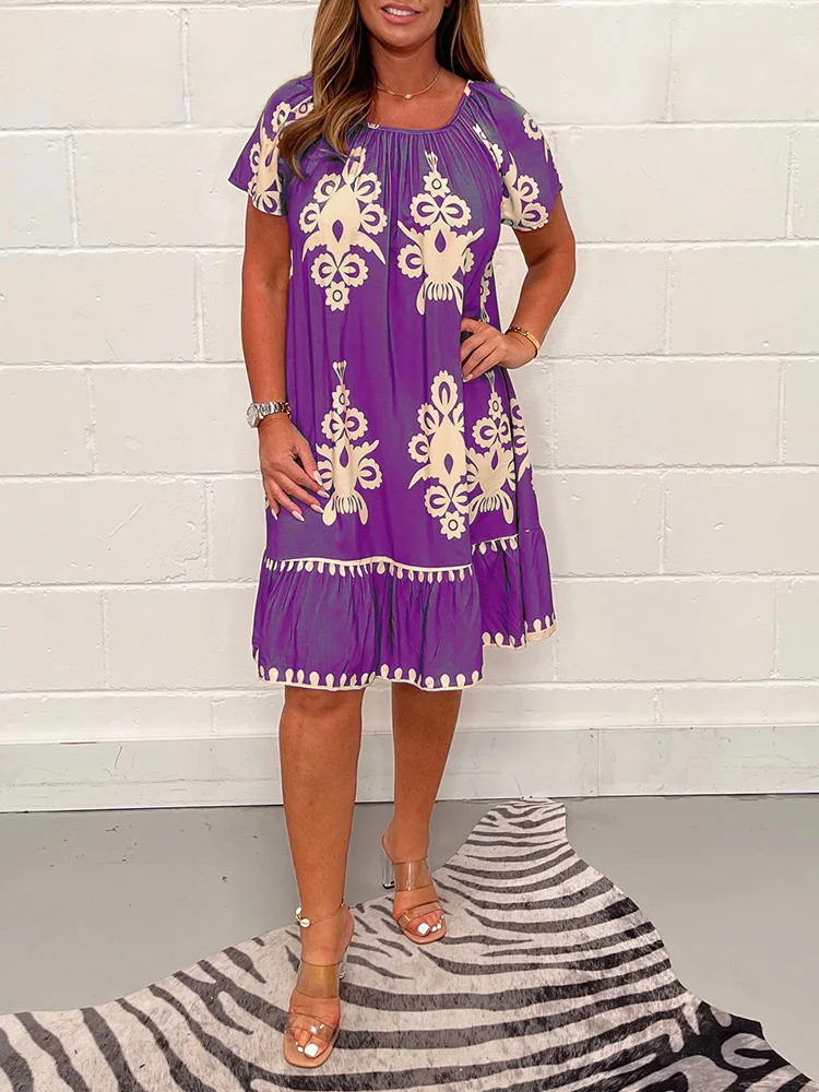 Square neckline dress with geometric print and multi-print