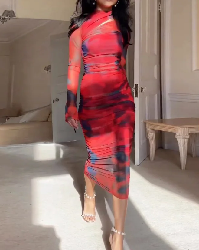 Tie Dye Print Long Sleeve Dress