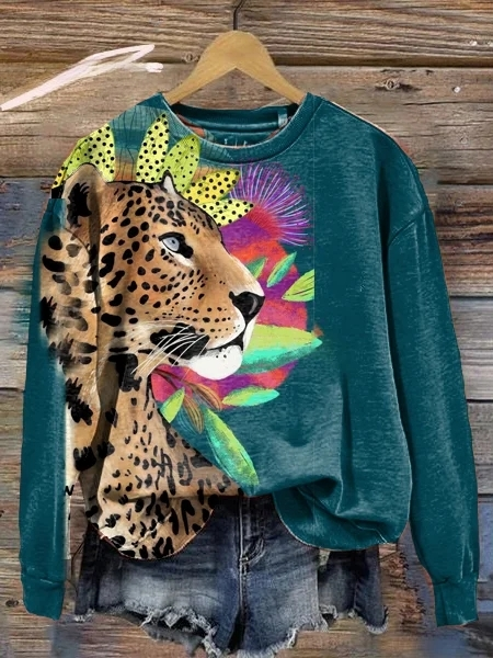 Women's long sleeve sweatshirt, round neck, leopard print with flowers
