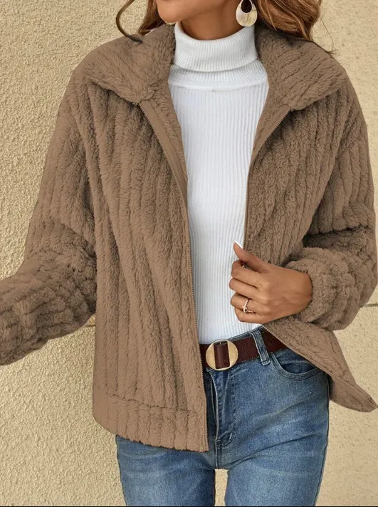 Lapel short jacket with zipper winter warm fleece coat with zipper casual coat top