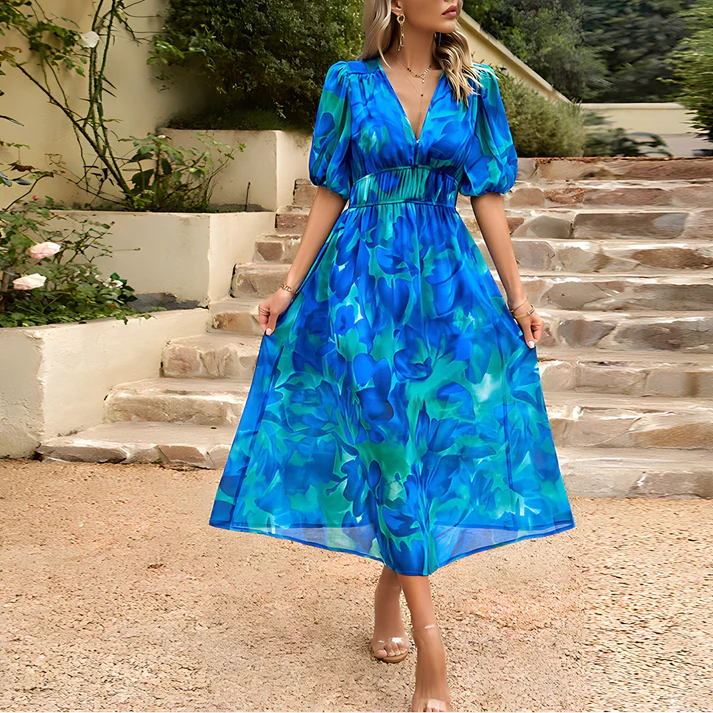 Asymmetric dress with printed ties 