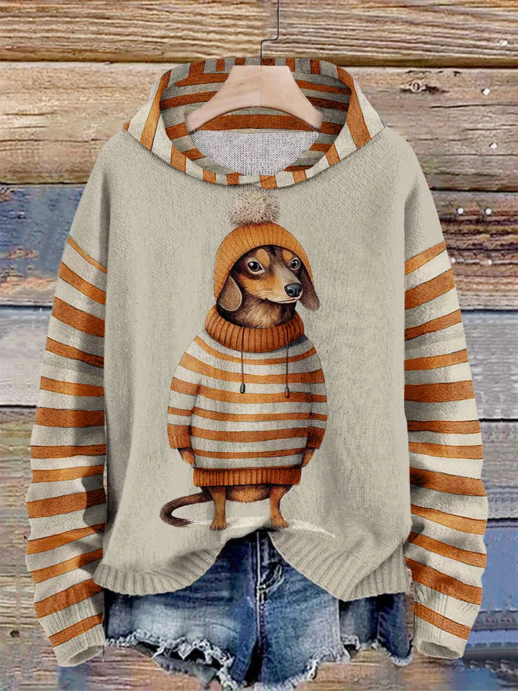 Women's Dachshund Dog in Clothes Splice Striped Print Hoodie