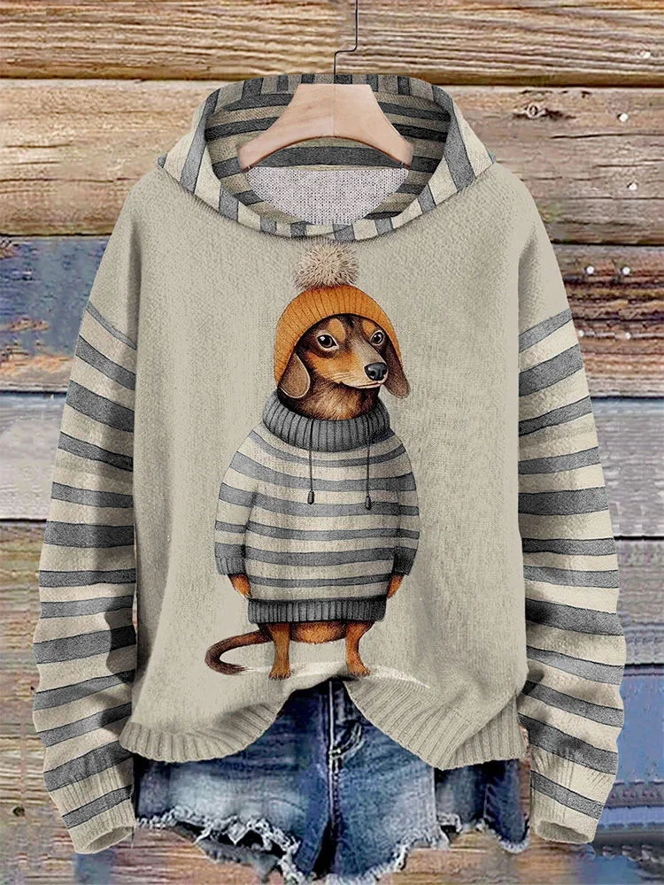 Women's Dachshund Dog in Clothes Splice Striped Print Hoodie