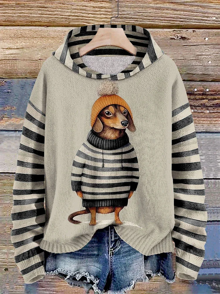 Women's Dachshund Dog in Clothes Splice Striped Print Hoodie