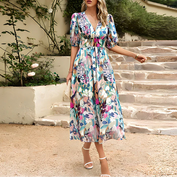 Asymmetric dress with printed ties 