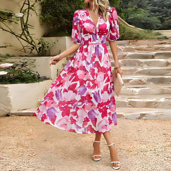 Asymmetric dress with printed ties 