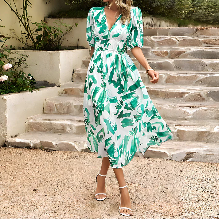 Asymmetric dress with printed ties 