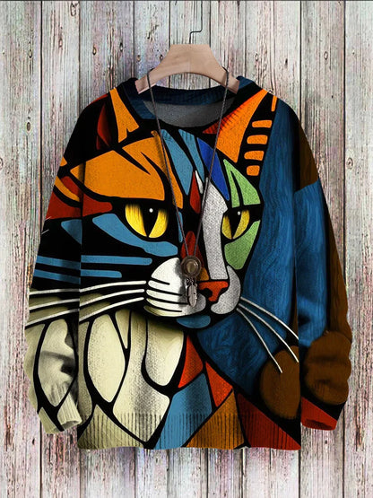 Jake casual knit sweater with multi colored abstract cat print