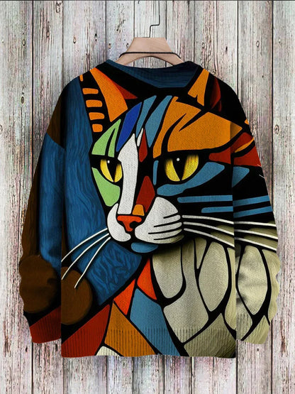 Jake casual knit sweater with multi colored abstract cat print
