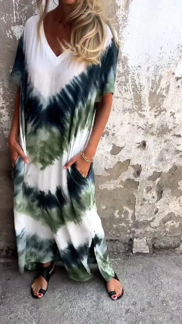 Olivia - Comfortable V-Neck Tie Collar Long Dress