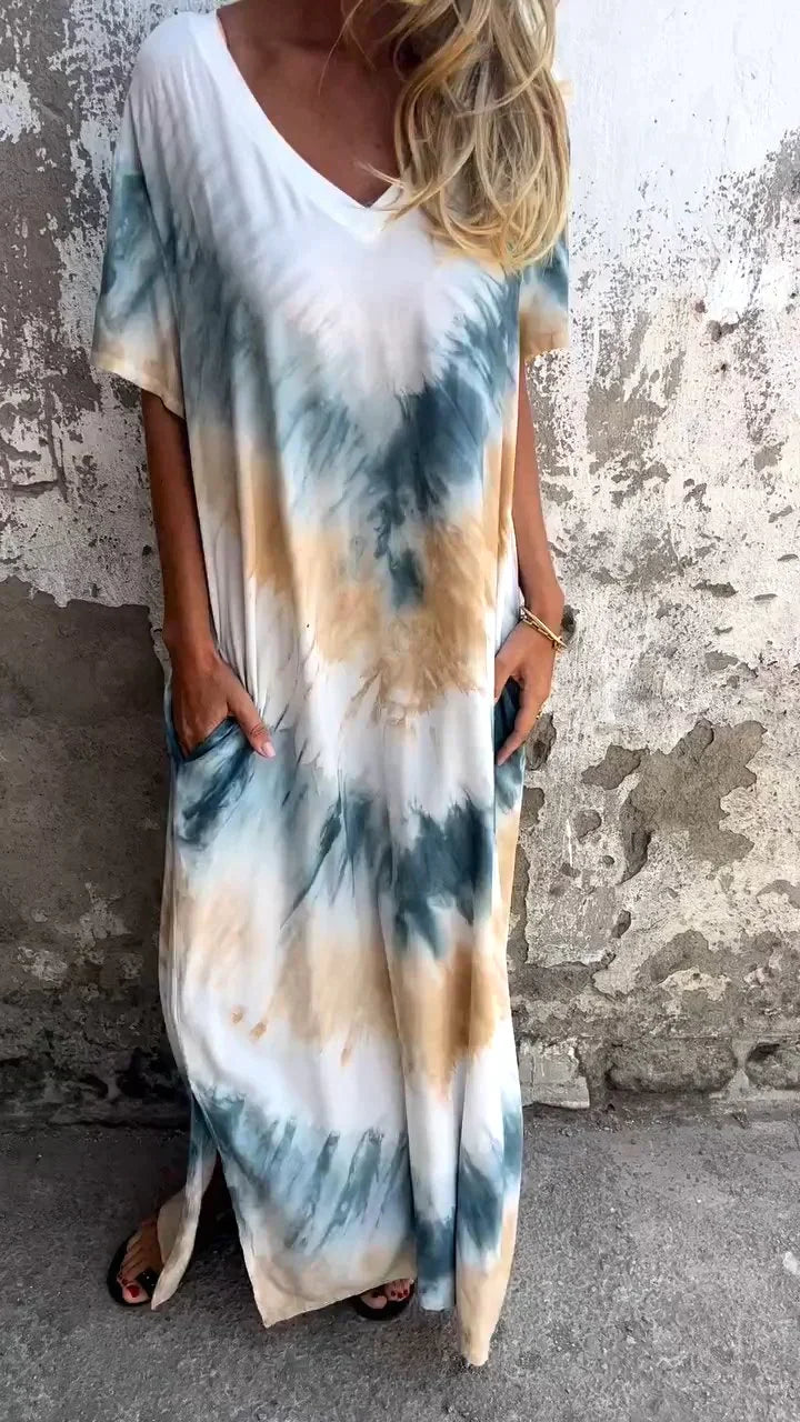 Olivia - Comfortable V-Neck Tie Collar Long Dress