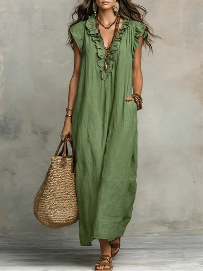 Izzellea - Robe Femme Longue Bohème Lin Coton Coupe Fluide Volants Élégants