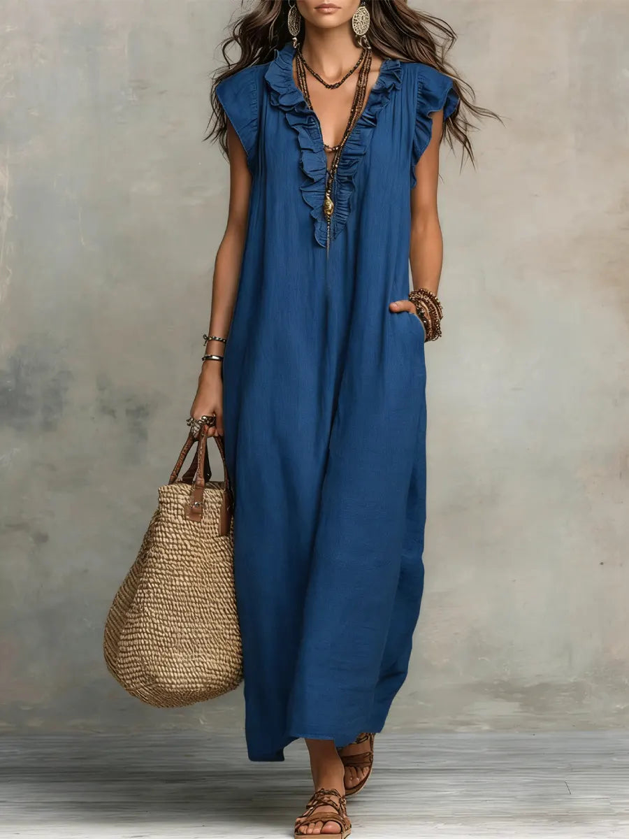 Izzellea - Robe Femme Longue Bohème Lin Coton Coupe Fluide Volants Élégants
